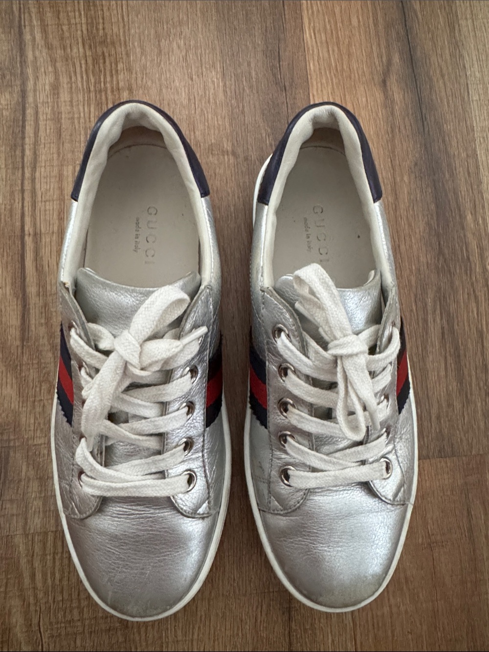 Gucci kids Ace Sneakers in metallic silver leather